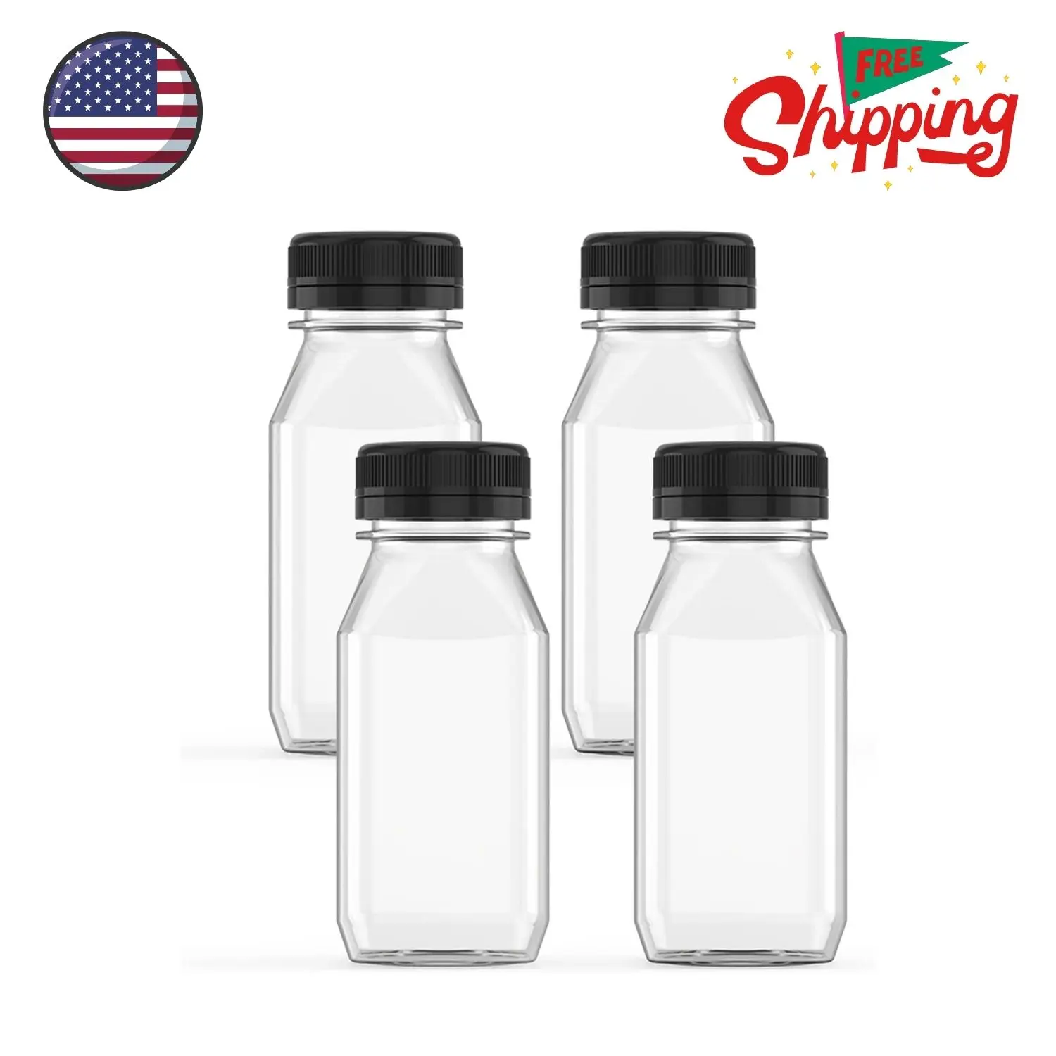 6 Ounce Plastic Juice Bottle Drink Containers with Black Lids, 5 Pcs