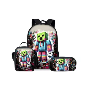 Cartoon building block pattern printed 17-inch Cute Backpack School Backpacks three-piece set (single-layer backpack + shoulder strap lunch bag + single-layer pencil bag) Backpack for school