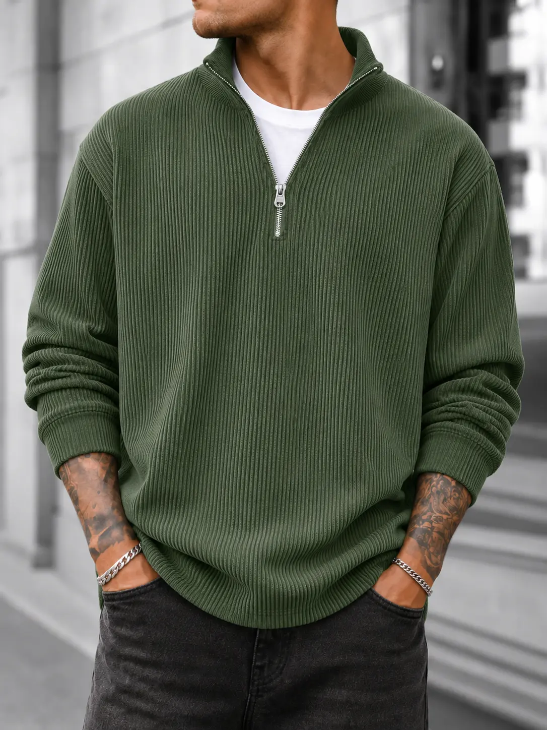Men's Corduroy Quarter Zip Sweatshirt, Long Sleeve Stand Collar Pullover, Loose Fit Solid Color Casual Top for Fall Winter Daily Wear & Travel