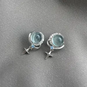 Design-inspired moon and star blue zircon earrings DDES0685, niche high-end earrings, personalized women's jewelry, 14K gold-plated