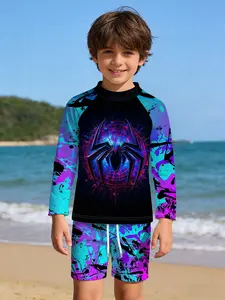 Boys' two-piece swimsuit "Neon Splash Spider Print" high-elasticity sun-protective swimming rashguard swimwear + swim trunks in the same color scheme, comfortable and shape-retaining, suitable for swimming lessons / beach vacations / hot spring play