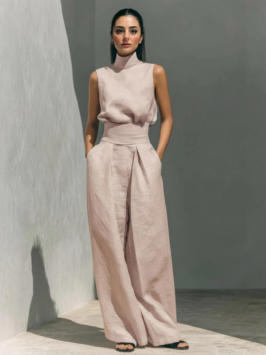 LikeMyChoice 2-Piece Elegant Linen-Blend Set Chic Mock Neck Halter Top & High-Waisted Wide-Leg Pants | Trendy Old Money Aesthetic Outfit for Summer Vacation & Office LikeMyChoice 2-Piece Elegant Linen-Blend Set Chic Mock Neck Halter Top & High-Waisted Wide-Leg Pants | Trendy Old Money Aesthetic Outfit for Summer Vacation & Office
