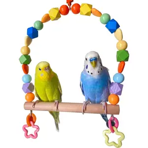 Wooden Bird Swings for Large Parrots, Cockatiel Perch Parakeet Swing Hanging Birdcage Stands Playground Play Gyms Accessories Colorful Beads Climbing Toy for Lovebirds Conures Budgies