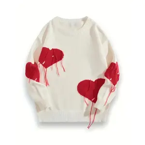 Men’s Preppy Heart Pattern Tassel Sweater – Casual Knitted Pullover for Autumn/Winter, Polyester Blend, Academic Style, Hooked Fabric Knitwear