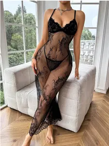Rabbit Barbie Women's 2pcs Lingerie Dress Long Lace Babydoll Chemise Side Split Nightgown V Neck Mesh Nightdress Outfits