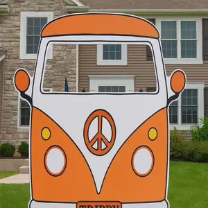 70s Van Cutout Party Prop Birthday Party Decorations Backdrop Centerpieces with Peace Sign and Trippy Design