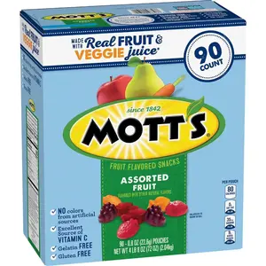 Mott’s Assorted Flavored Sweet Fruit Candy Snacks with Real Juice and Vitamins, 90-Pack 0.8 oz Gluten-Free Kids Snack, No Artificial Flavors