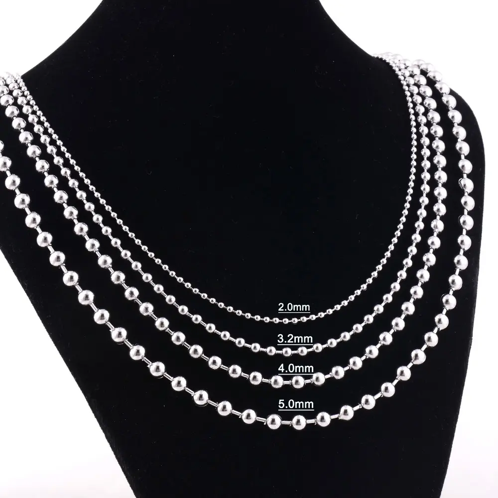 Stainless Steel Round Ball Chain Necklace, 2.4mm-5mm Width, 5mm Width Option, Hypoallergenic Water-Resistant Chain Jewelry Necklaces