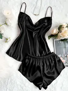 Women's Solid Cami Top & Shorts Loungewear Two-Piece Set, Casual Comfy Spaghetti Strap Satin Camisole & Shorts PJ Set, Camisole Sets, Ladies Sleepwear for All Seasons