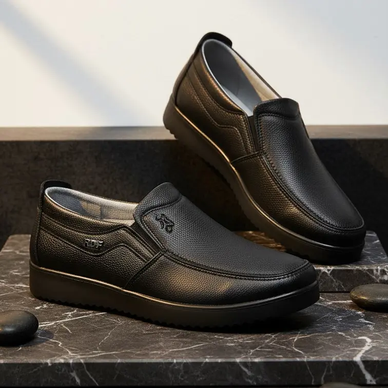 Men's Black Leather Loafers - Slip-On Business Casual Shoes with Rivet Detail, Comfortable, Water Resistant, and Non-Slip for Walking, Fabric, Espadrille Shoes, Ankle, Wide, Round Toe, Rubber, All Seasons, Cloth, Flexible, Outdoors