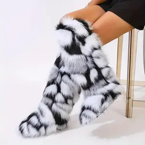 Fashionable Women's Faux Fur Snow Boots-Comfortable Knee-Length, Slide-on Winter Warm, Soft Velvet Lining & PVC Shoe Sole