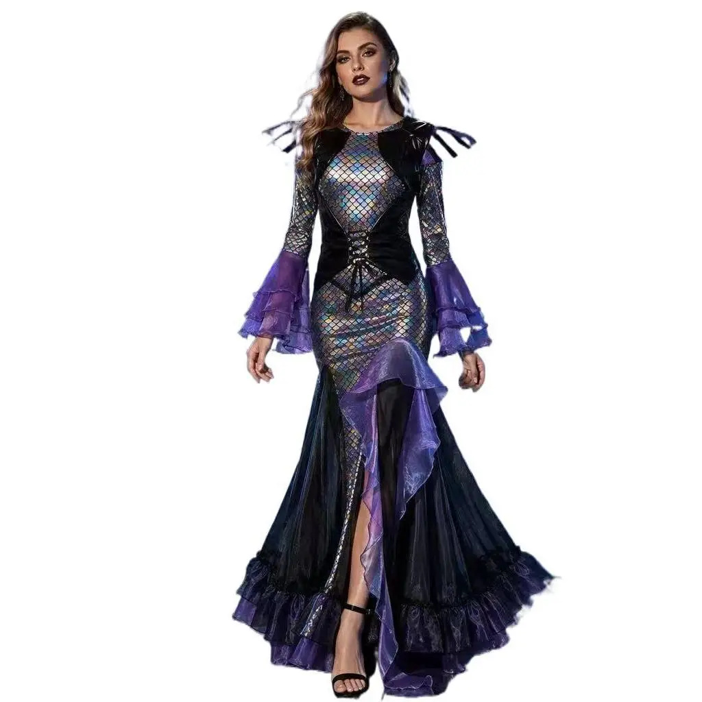 Adult Women’s Dark Mermaid Costume Dress, Black Mermaid Cosplay Maxi Gown, Halloween Masquerade Party Outfit for Stage Performance, Fantasy Events, Costume Parties and Themed Nights M-XL