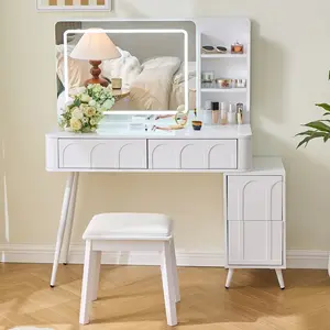 Modern Makeup Vanity Desk with LED Lights & Mirror, 4 Drawer Dressing Table Set with Stool,  Space-Saving for Bedroom, White/Black