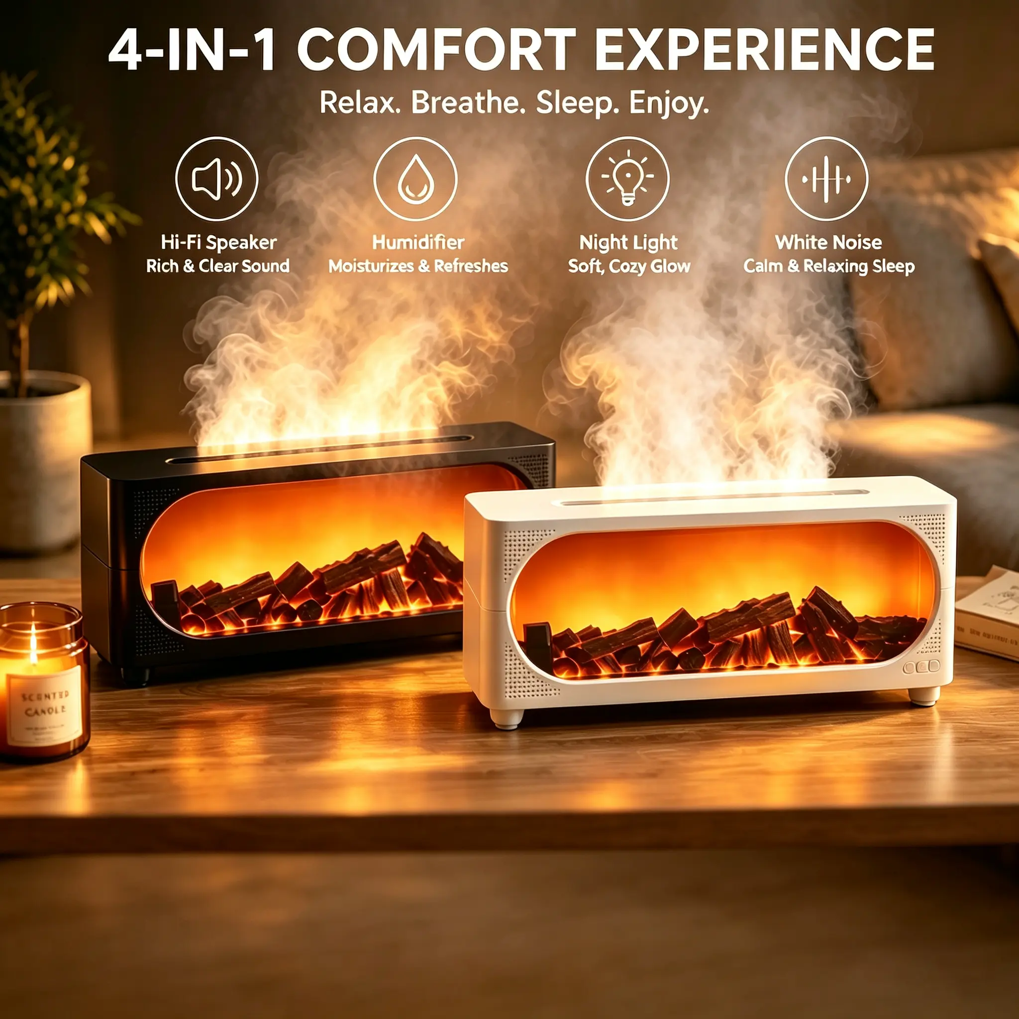 Fireplace flame Bluetooth speaker, air diffusion humidifier, 7-color night light, multifunction Bluetooth speaker, automatic shut-off when water is out, 450ML large capacity water tank, holiday gift