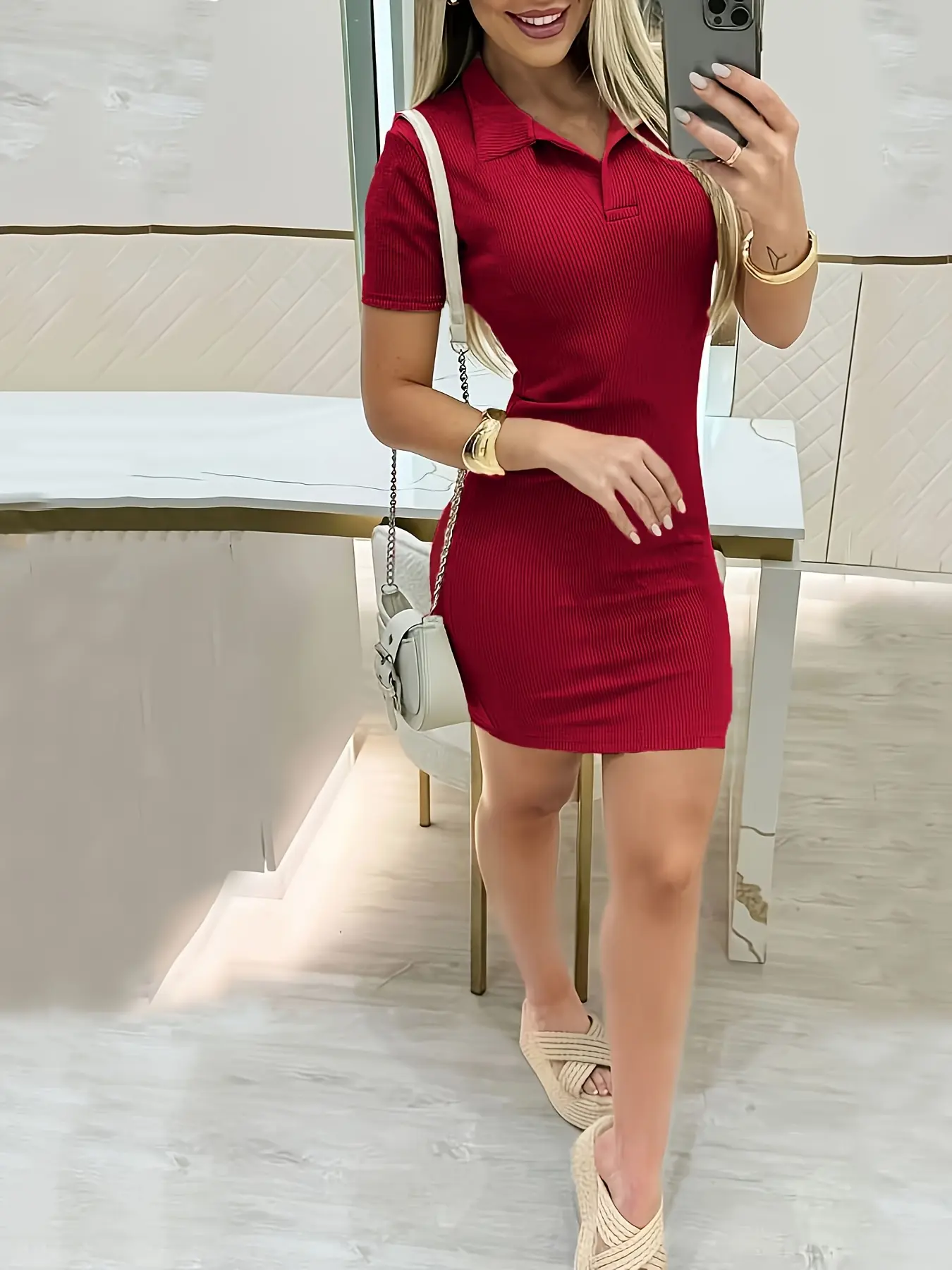 Elegant Women's Dress, Solid Color Polo Collar Short-sleeved Fitted Dress, Casual/ Office Dress, Spring/ Summer Women's Wear, Minimalist Womenswear