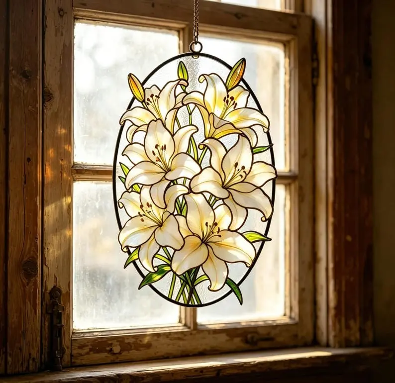Colorful Lily Stained Glass Suncatcher - Oval Floral Window Decor, Boho Chic Home Accent for Bedroom & Kitchen