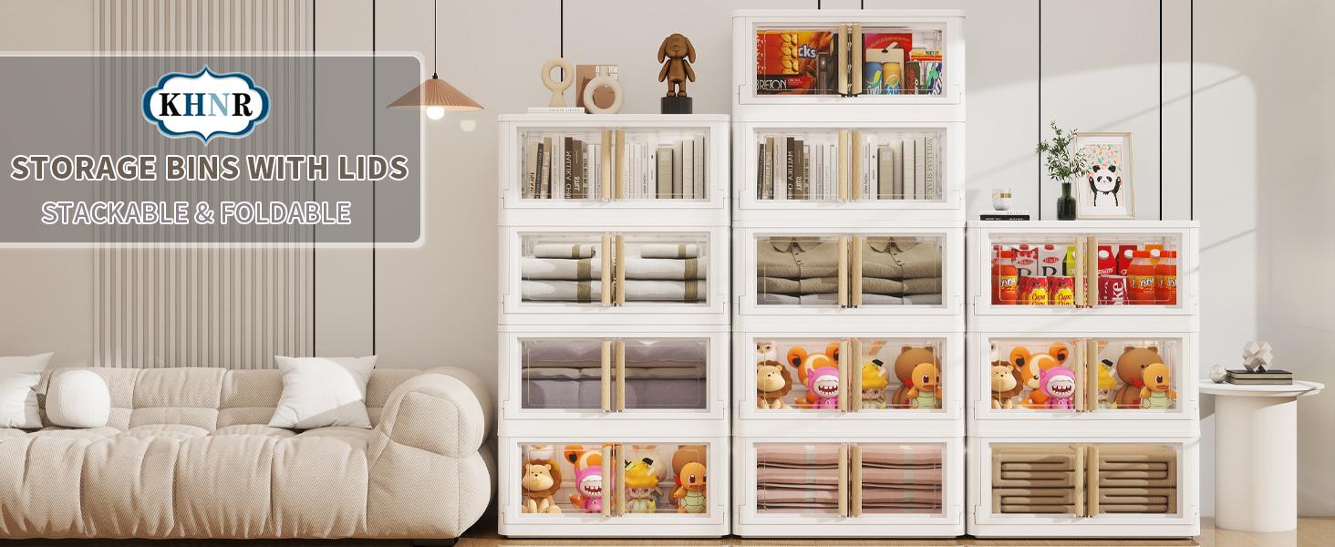 【Clearance】KHNR 3/4/5 Pack StackablStorage Bins with Lids, Plastic White Closet Organizers&Storage Drawer,Folding Storage Boxes with Wheels,Dual Open Collapsible Storage Boxes for living Room,Dorm,Office,Kitchen