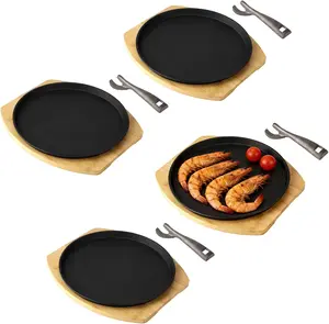 4 Set Sizzling Steak Plates, 9 in Round Cast Iron Steak Plate with Wooden Serving Tray and Heat-Resistant Clip, Fajita and Teppanyaki Grill Plate for Cooking Grilling Serving