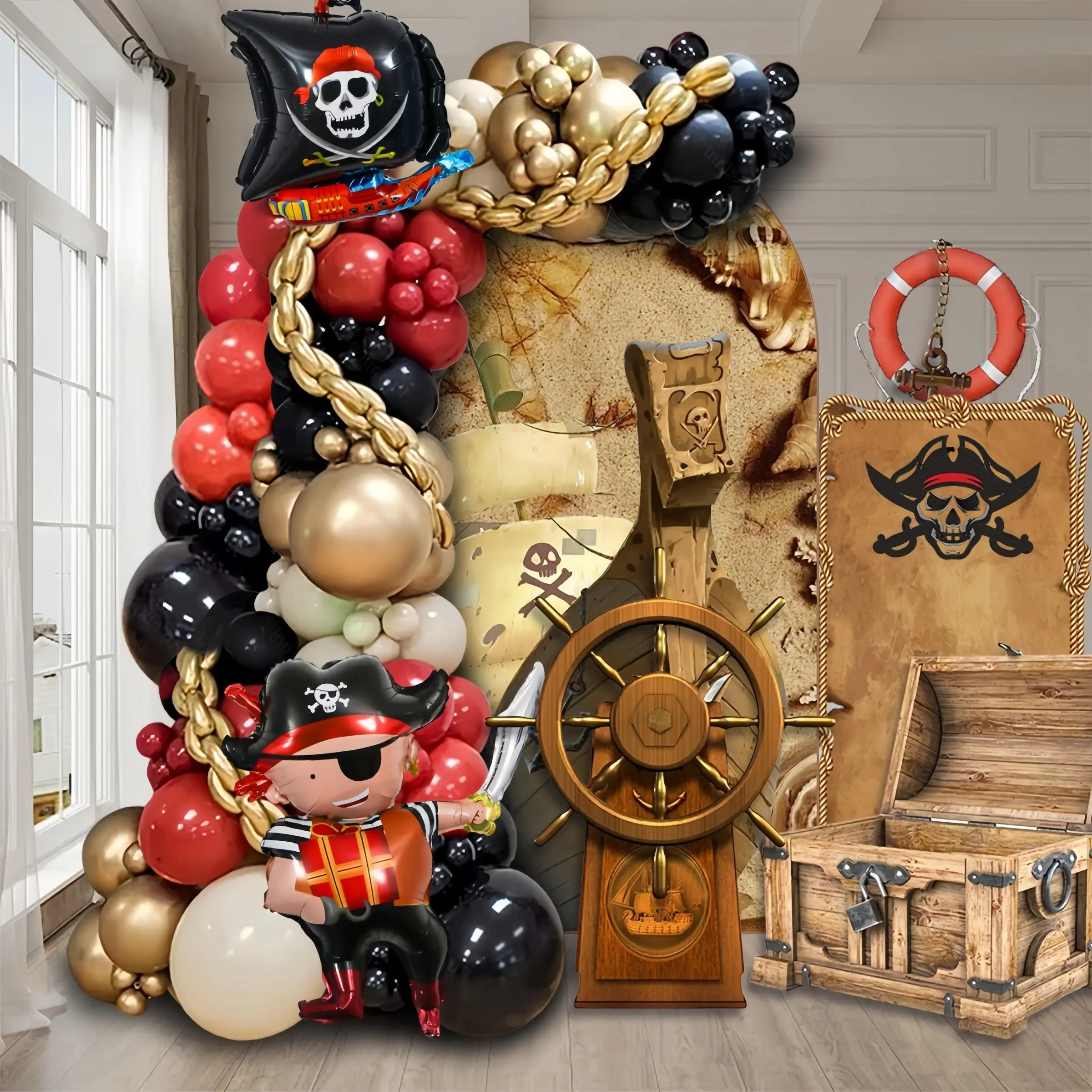 102pcs Pirate themed Birthday Party Balloon Wreath Set, Balloon Garland Kit, Pirate Ship, Pirate Aluminum Foil Balloon with Red Black Gold Sand White Balloon, Perfect for Pirate themed Birthday Singles Party Makeup Ball Party Decoration Preferred