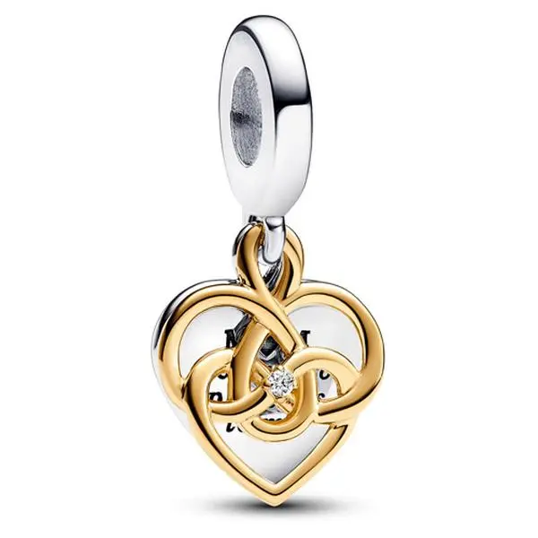 Pandora Lab-grown Diamond Engravable Mum Double Dangle Charm 763237C01, Heart Shape, Engravable Face, Lab Created, Charms & Pendants, Lab-Diamond Set