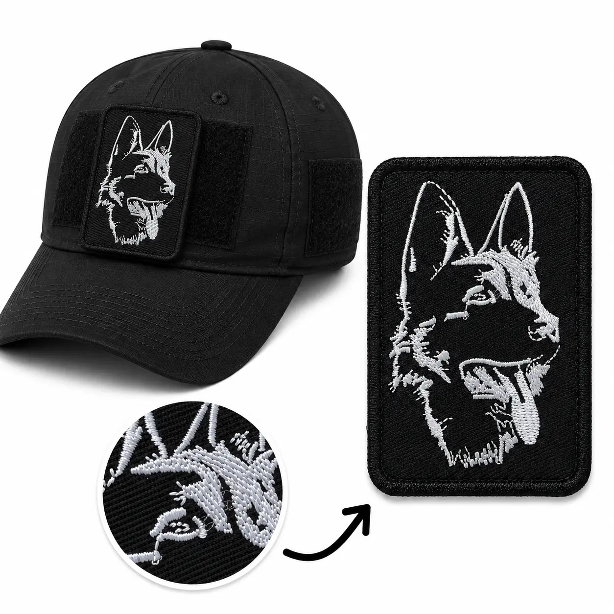 German Shepherd Embroidered Patch, Black and White Dog Morale Patch with Hook and Loop Backing, No Sew Backpack Patch for Jackets Vests Hats and Bags