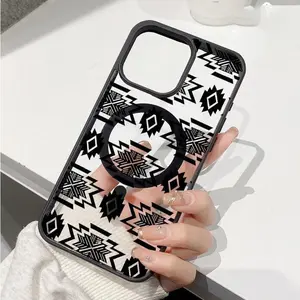 Magnetic Phone Case Supports Wireless Charging for iPhone 17 Air 16 E 15 Promax 14 Plus 13 12 11 Xs Xsmax Western Noir Elements Pattern Non-Yellowing Silicone Transparent Acrylic Drop Protective Cover.QXE703