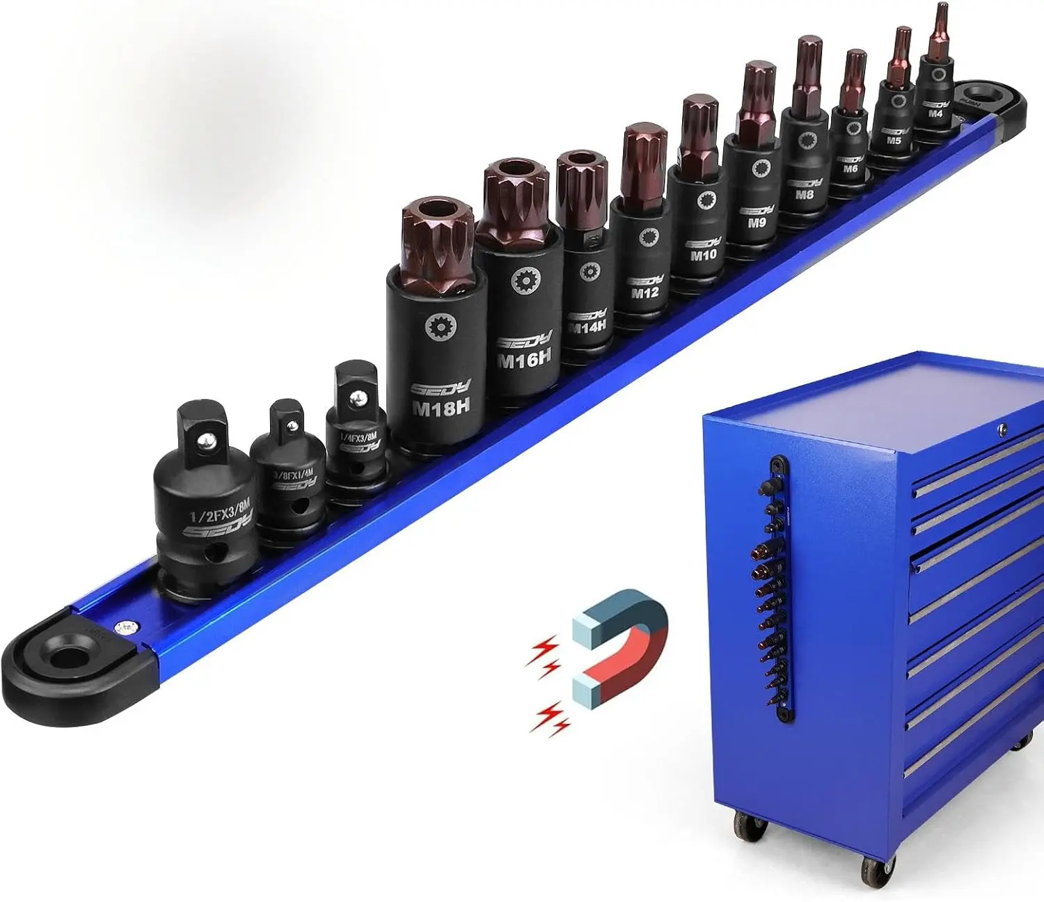 Triple-Square Spline Bit Socket Set: 13-Piece Socket Set with Magnetic Socket Rail Organizer, 1/4,3/8,1/2-inch Drive M4-M18 12 Point Bit Socket Set for Garages Workshops