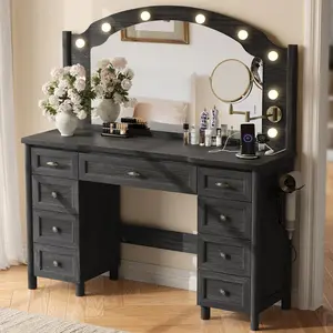 STO'SENSE Vanity Desk with Mirror and Lights, Makeup Vanity Table with 9 Drawers, Magnifying Mirror & Power Outlet, Large Vintage Dressing Table for Women & Girls Bedroom (Black)