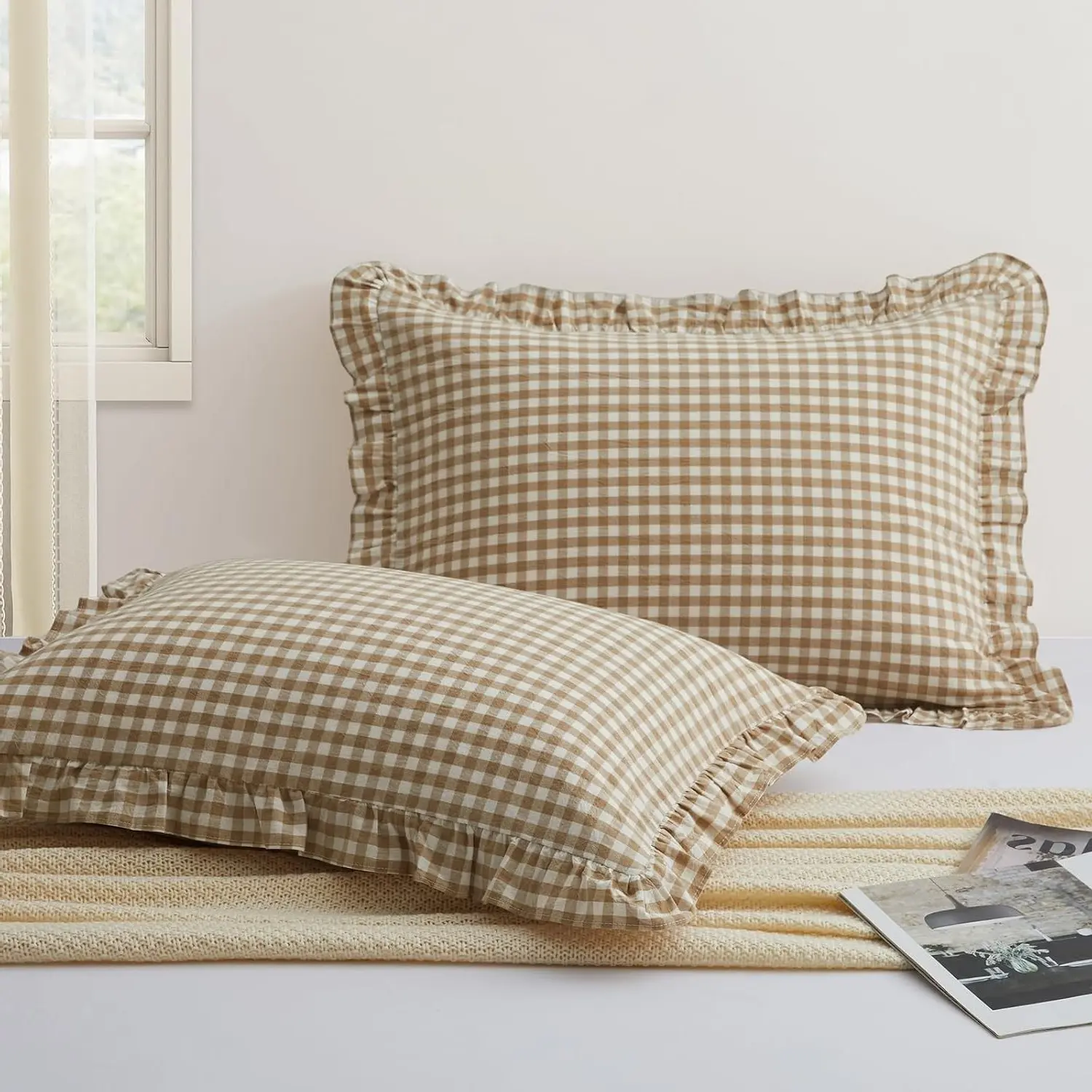2 Pcs Plaid Ruffle Pillow Case Standard, Taupe Plaid Pillow Shams, Ruffled Gingham Cotton Pillowcases 20x26 Inch, Linen Feel Plaid Bed Pillow Shams with Envelope Closure for Sofa Bed