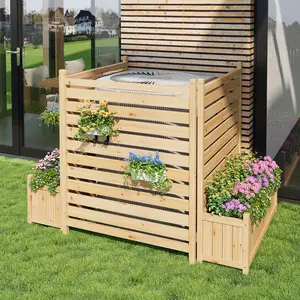 GarveeLife Weather-Resistant Freestanding Wooden Privacy Fence Panels with Planter Boxes – 2-Panel Decorative Patio and Garden Screen, Conceals AC Units & Trash Cans – Includes Two Flower Pots