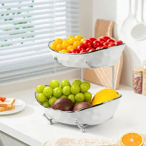 Fruit Bowl for Counter - Two Tier Fruit Basket, Fruit Holder for Fresh Fruit&Veggies, Tiered Fruit Platter Serving Trays for
