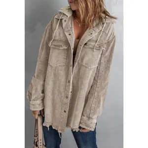 Khaki Patchwork Hooded Corduroy Shacket