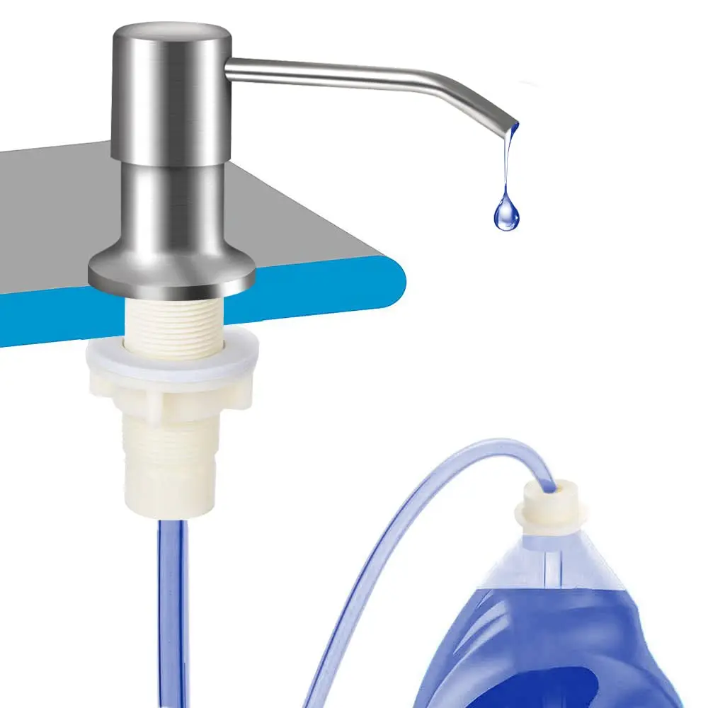 Brushed Nickel Kitchen Sink Dish Soap Dispenser, Smooth Countertop Water Pump with 39in Silicone No-Spill Extension Tube Kit for Household Items, Fits Wood & Standard Bottles, Reduces Refills
