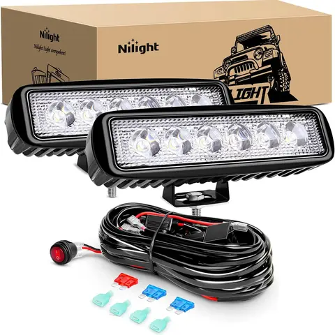 Nilight 2Pcs 18W Output Spot Beam Far Reach LED Lights for Cars with 10ft 16AWG Offroad Car Lighting Wiring Harness Kit-2 Leads, 15A Max Current, Auto Accessories for Offroad Vehicles, Yacht, Garden