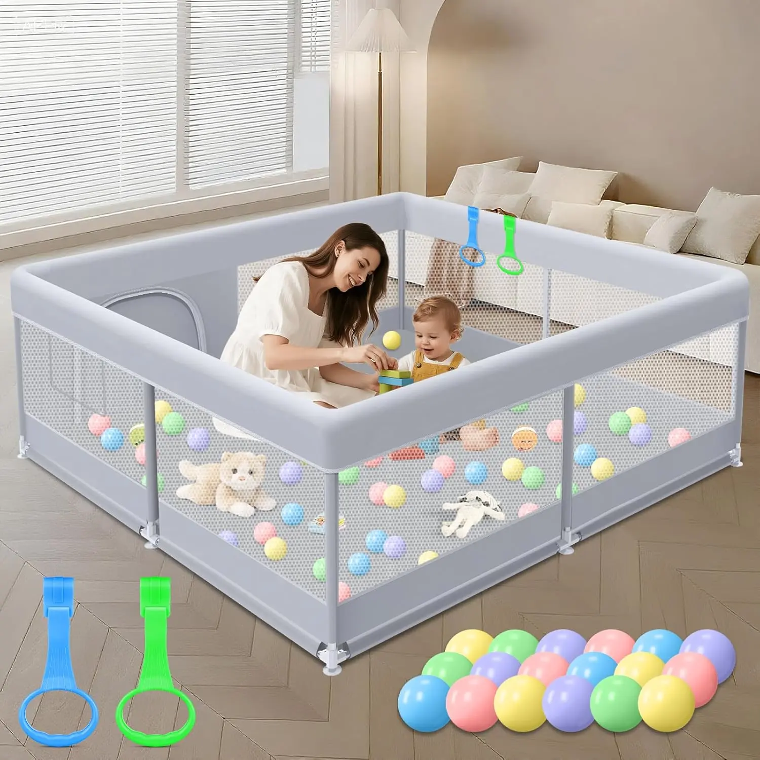 Sturdy Safe Baby Playpen, 50x50 in Playard, Skin-Friendly Fabric, Soft Breathable Mesh, Indoor Outdoor Active Center Game Fence, Grey, Sturdy Safe Playard
