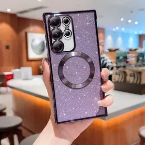 Electroplated Plain Glitter Paper Magnetic Transparent Protective Phone Case Cover Casing, Magnetic Phone Case for Samsung Galaxy S26 S25 S24 S23 S22 S20 Fe S21 Ultra S22 Plus, Accessories