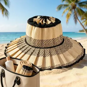 Women’s Foldable Beach Straw Sun Hat, UPF 50+ Wide Brim Pleated Summer Beach Visor, Packable Roll-up Ponytail Hat for Travel