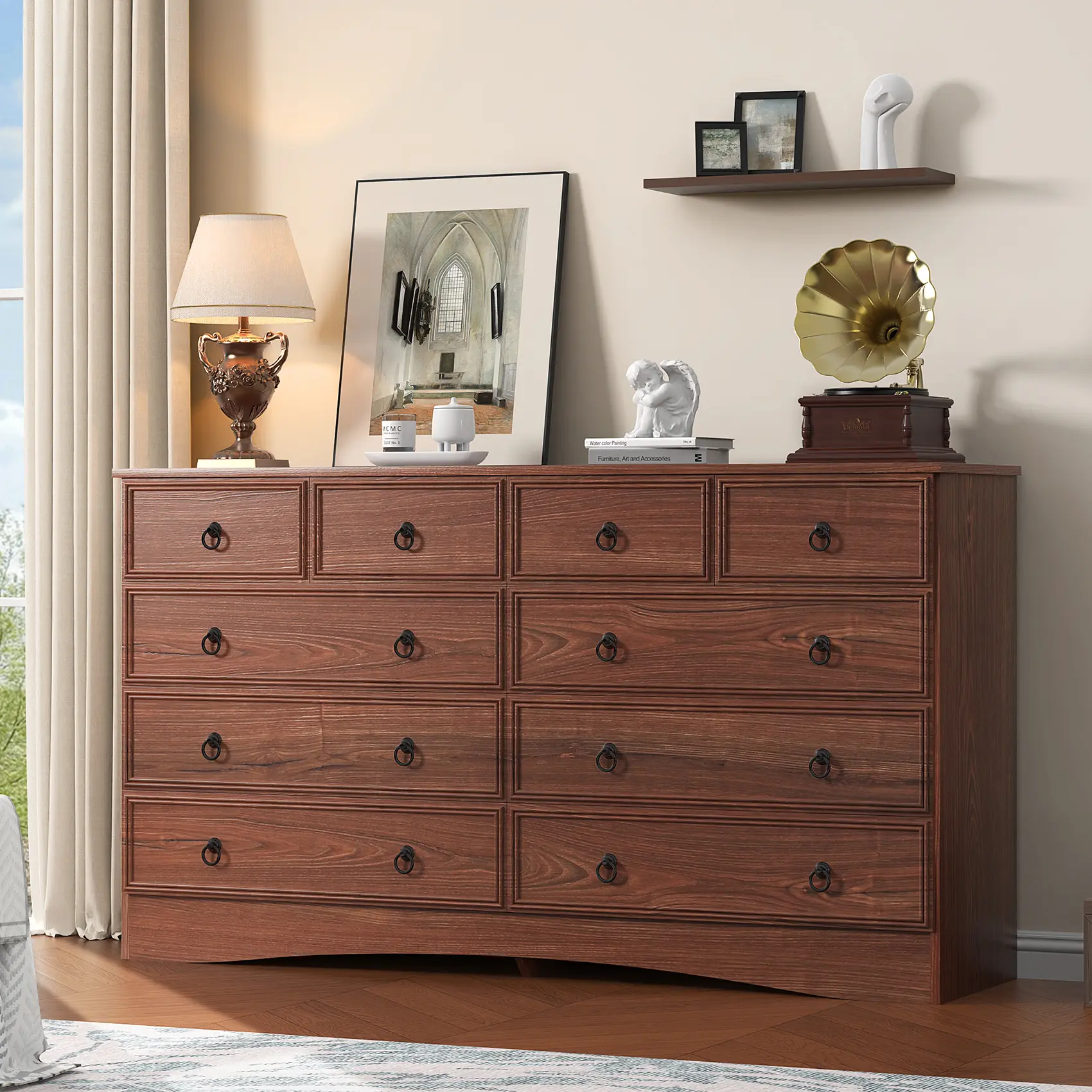 Cherry Wood Modern Large 10-Drawer Cabinet - Bedroom Long Furniture, Textured-Border Closet Organizer for Living Room Storage