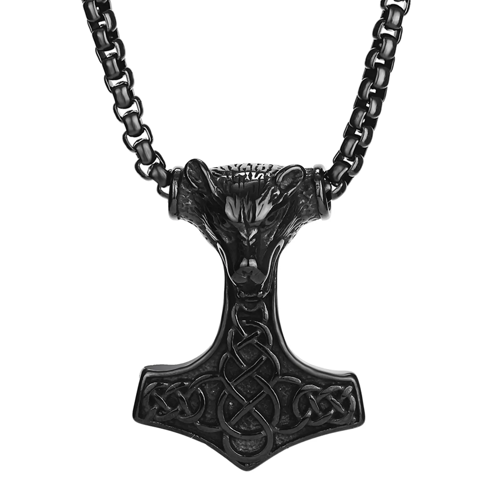 OIDEA Mjolnir Hammer Necklace for Men, Stainless Steel Viking Wolf Head Celtic Knot Pendant, 22-Inch Gothic Wheat Chain Punk Gift – Stainless Steel, Gothic, Historical-Inspired, Gunmetal Necklaces, Stainless Steel Necklaces