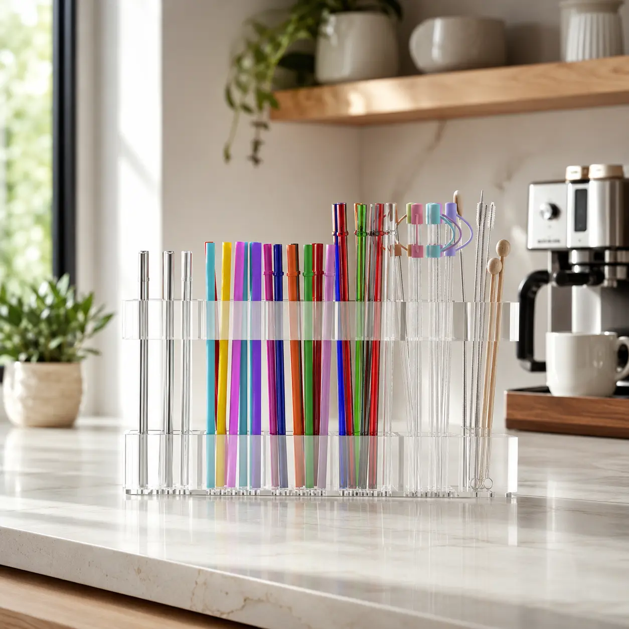 9.8” Adjustable Acrylic Straw Holder - 2-Part Large Organizer with Ultra-Sticky Adhesive, Fits Cabinet Doors, 2025 Reusable Straw Storage for Kitchen Cupboards (Transparent)
