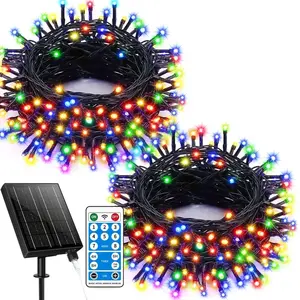 Solar Christmas Lights String, 300 LED Remote Control, 8 Modes USB Rechargeable Outdoor Fairy Lights, Garden Party Decoration
