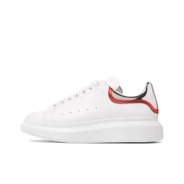 Brand New Sealed with Original Shoe Box Unisex White Metallic Silver Red Accent Low Top Platform Casual Sneakers Smooth Leather Thick Elevated Sole Luxury Minimal Daily Street Fashion Trainers For Men Women Teen