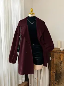 Comfortcana Plus Size Wine Red Button Tie Long Windbreaker – Minimalist French Style Fall/Winter Jacket For Women