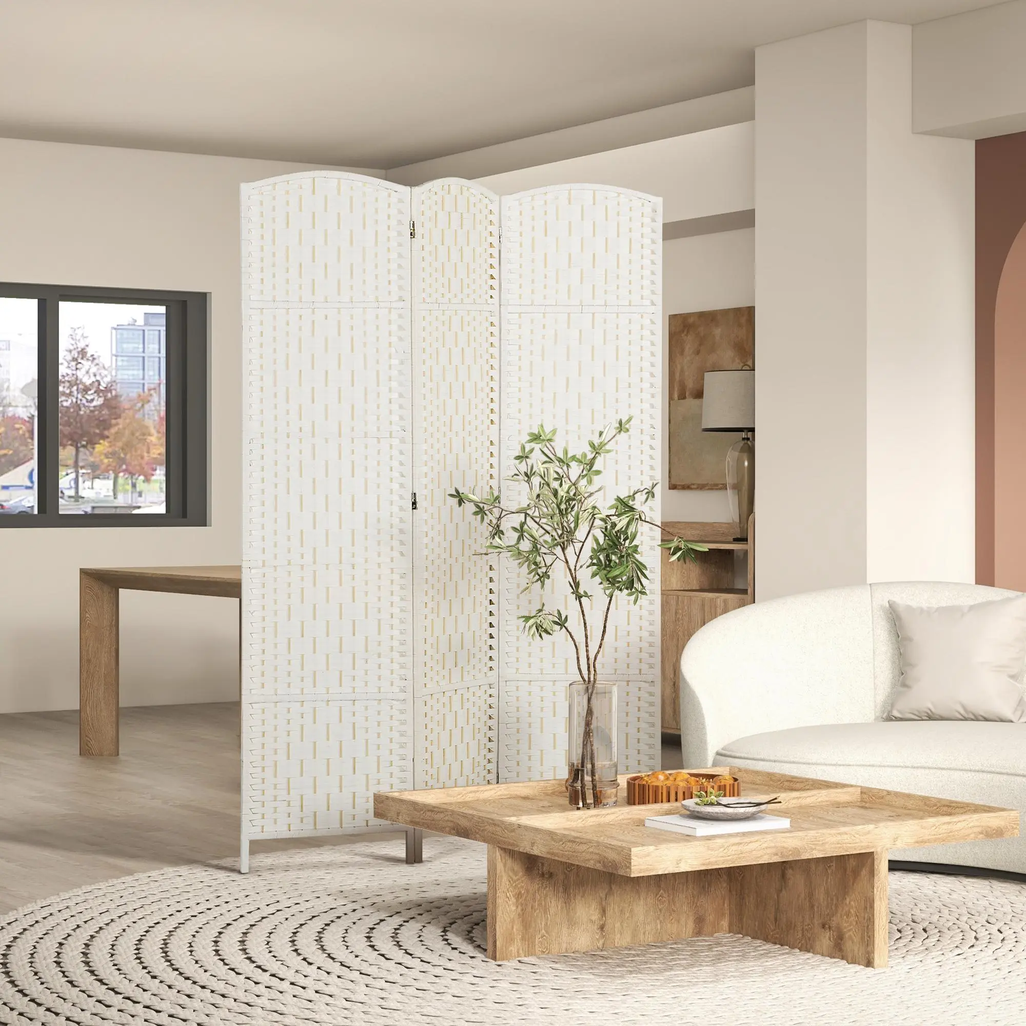 Natural Corn Husk Partition Room Divider - 5.6ft Tall 4-Panel Folding Privacy Screen with Arched Wood Frame, Biodegradable Woven Texture Farmhouse Home Decor for Home Office, Freestanding Portable Temporary Separator