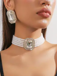 Elegant Rhinestone Decor Choker & Dangle Earrings, Luxury Jewelry Set for Party, Daily Decor, Trendy All-match & Exquisite Jewelry for Birthday Gift