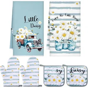 6 Pcs Kitchen Decor Pot Holders Oven Mitts 2 Dish Towels 2 Farmhouse Cooking Mittens Oven Glove 2 Potholder for Baking Cooking Grilling Supply Accessories (Blue, White,Daisy) Bakeware Colorful