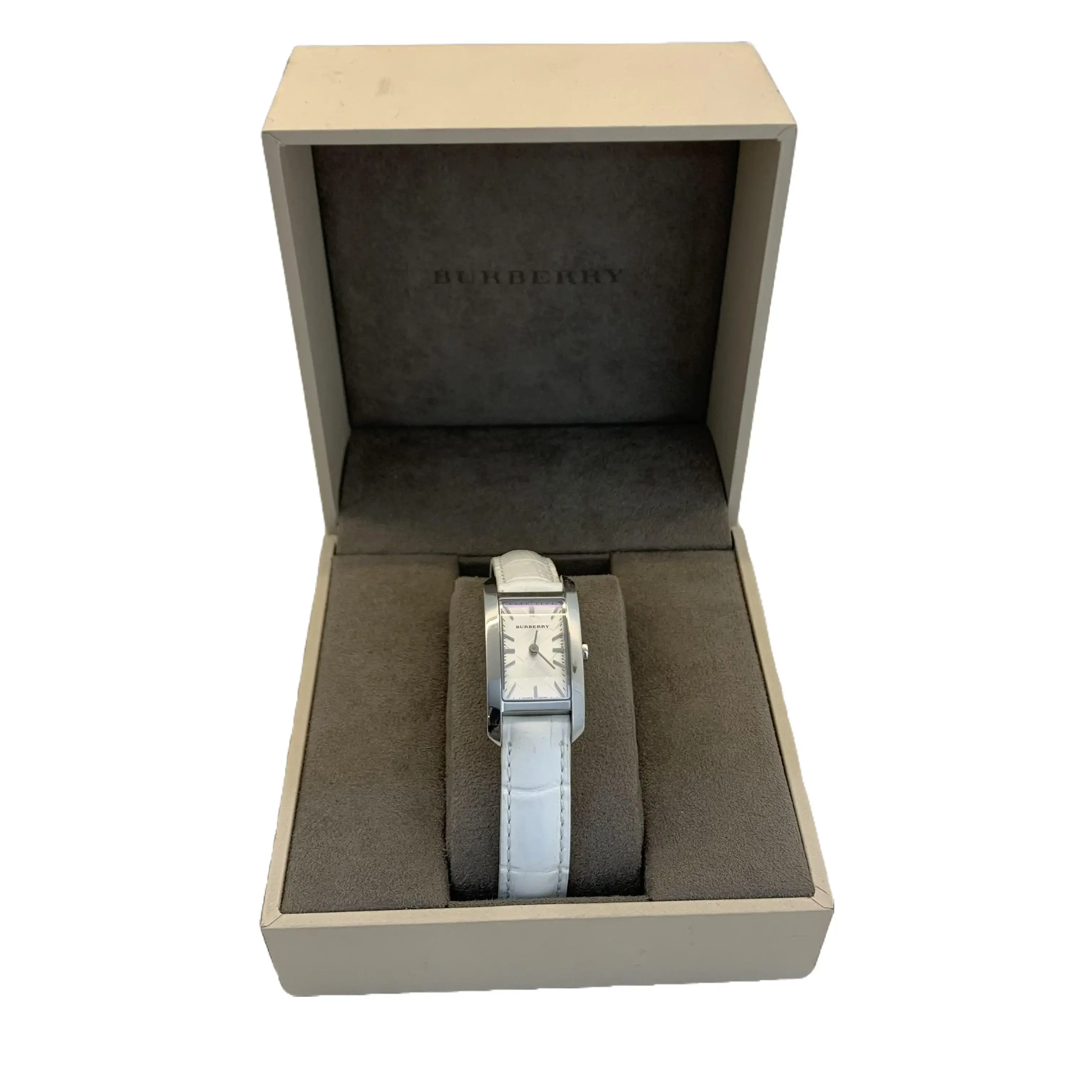Pre-owned Burberry Women’s Minimalist Classic Rectangular White Croc Embossed Leather Quartz Watch Silver Stainless Steel Case, Buckle Clasp, for Daily Wear & Formal Occasions, Full Original Gift Box & Brand Tag Set TKB00000190