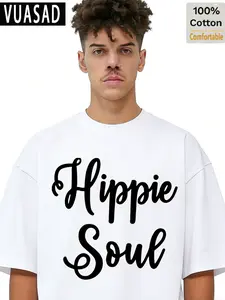 100% Cotton Casual Hippie Soul Vintage Handwriting Print T-Shirt, Long Sleeve Loose-Fitting Top, No Zipper, Geometric Letters Pattern