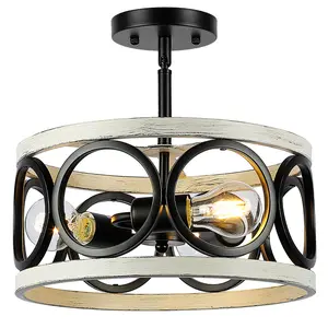 Farmhouse Semi Flush Mount Ceiling Light,3-Light Industry Oak White Sloped Ceiling Light Fixtures D13 Inches Rustic Metal Light Fixture for Entryway Foyer Hallway Kitchen Dining Room