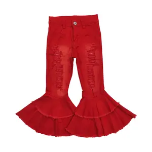 P0270-kids jeans Fashion girl ripped red denim bell bottoms